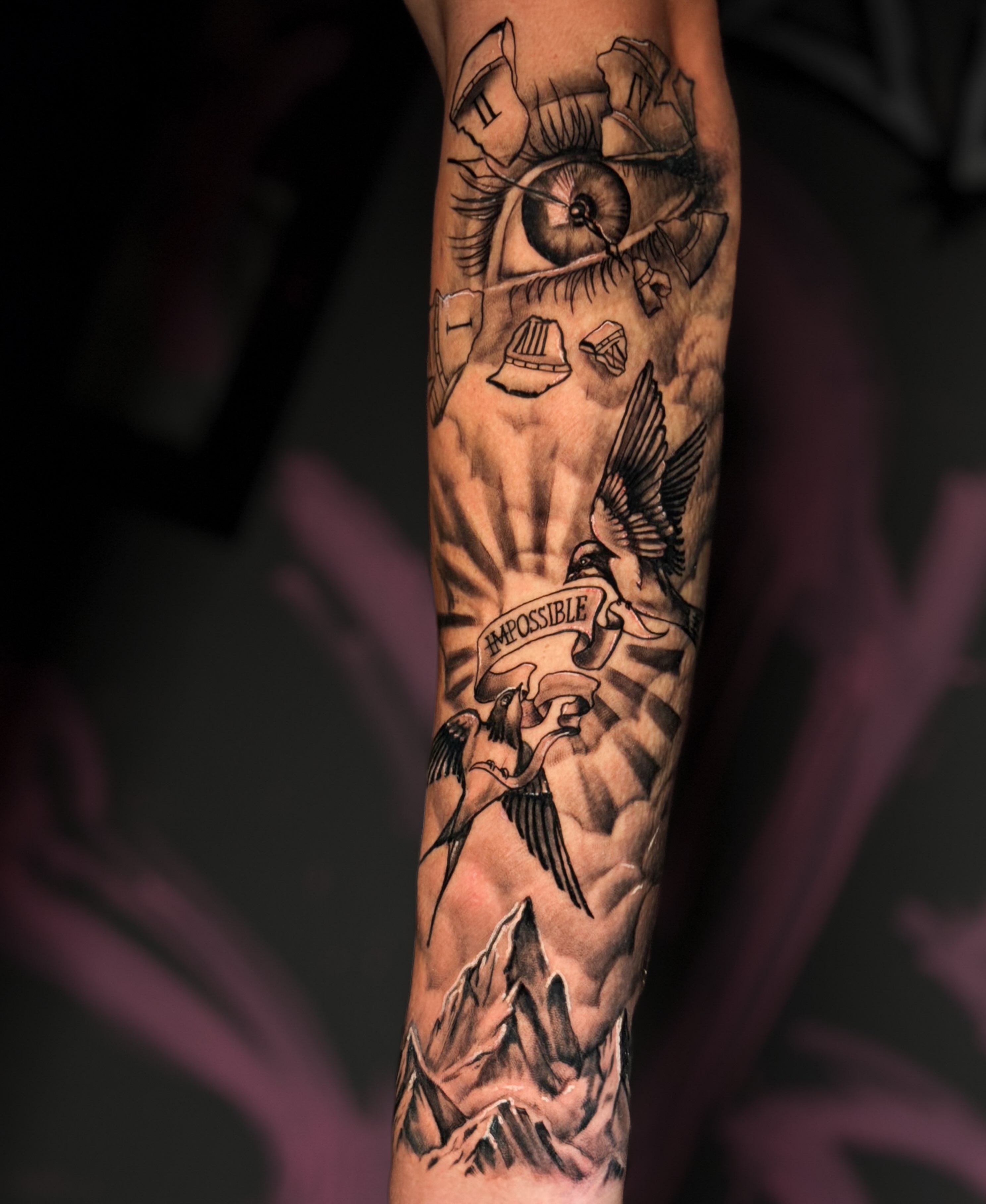 Fine-line eye and clock tattoo