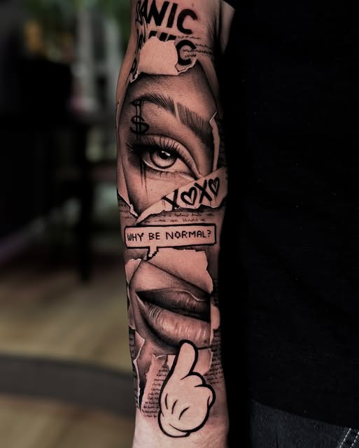 Why Be Normal collage tattoo