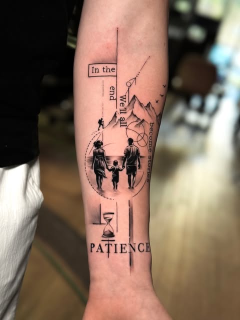 Fine-line Patience tattoo with family scene