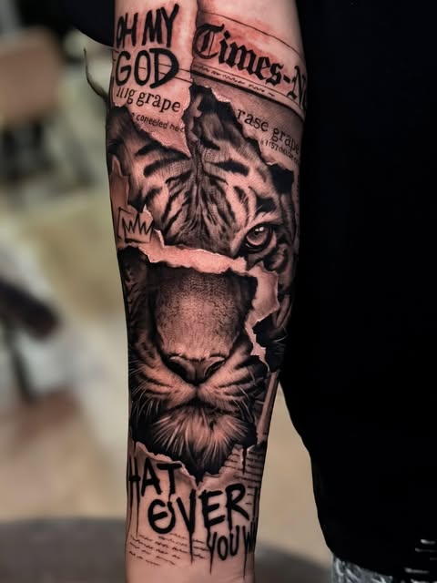 Tiger tattoo in torn-newspaper style