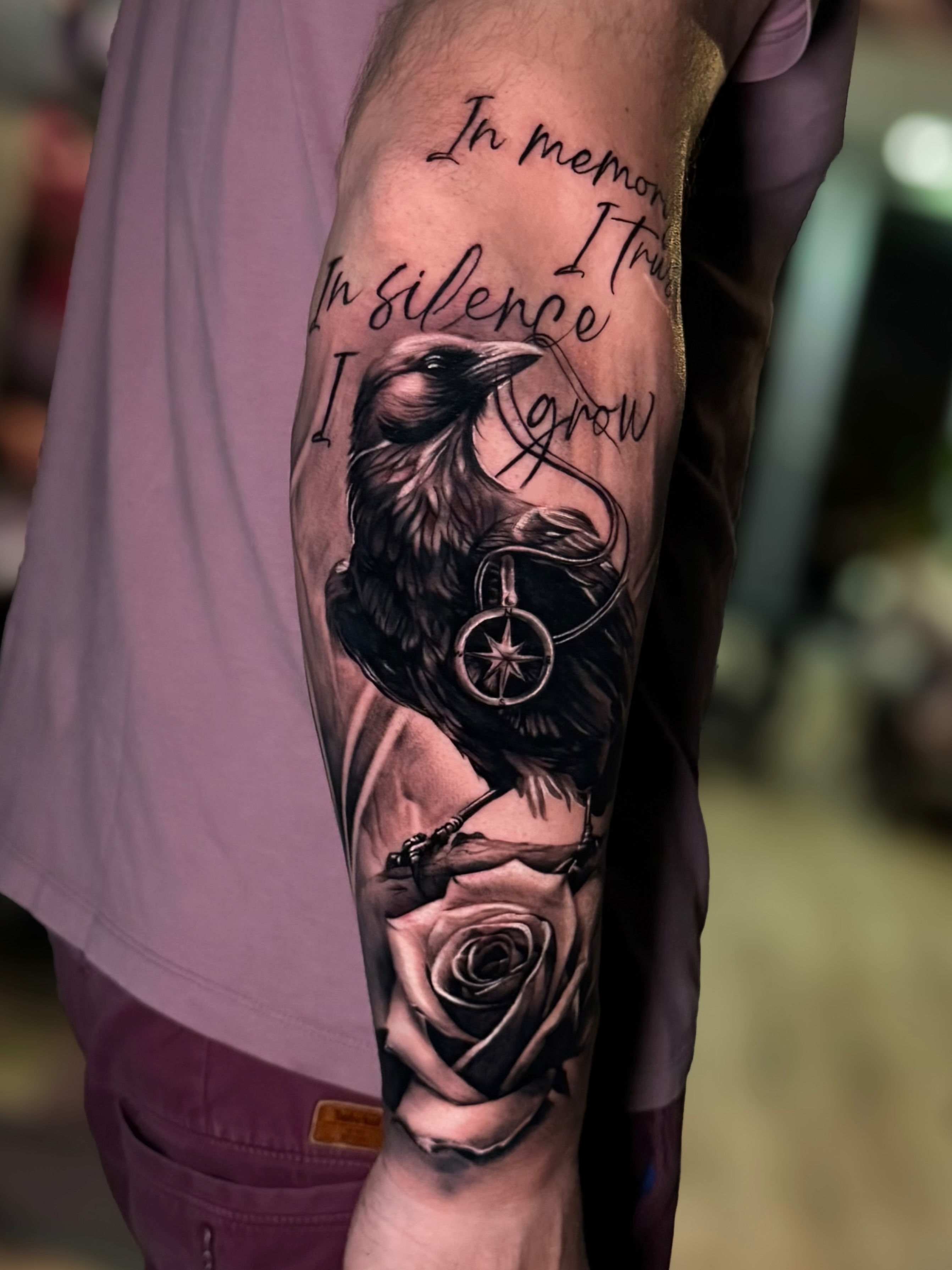 Raven and compass memorial tattoo